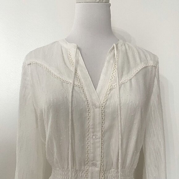 LOST + WANDER WHITE TEXTURED BUTTON FRONT SMOCKED WAIST TASSEL MAXI DRESS - S - Picture 5 of 10